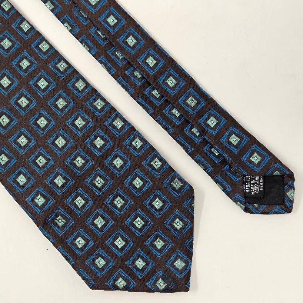 BOSS HUGO BOSS SILK TIE BROWN BLUE SQUARES GEOMETRIC SATIN 3.5" X 61" LONG